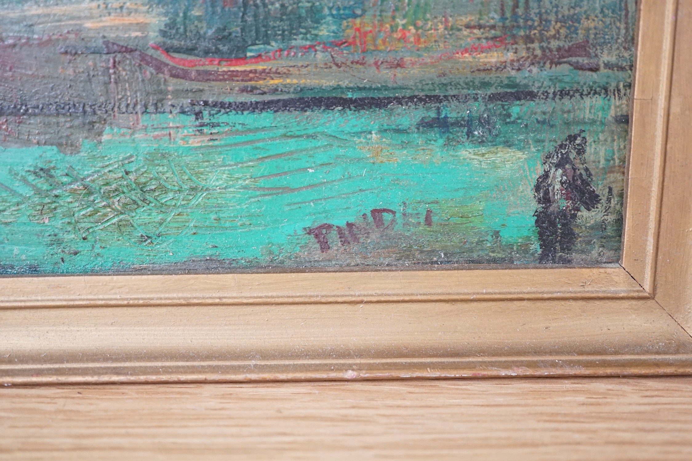 Pinder, oil on board, Figures in a parkland, signed, 30 x 60cm